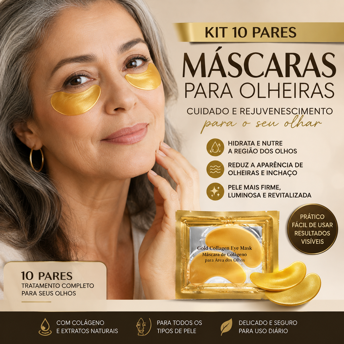 ✨ Kit Olhar Renovado – 10 Pares de Máscaras Douradas